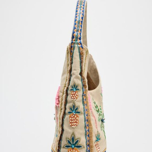 NEW ZARA Beaded Shopper Parrot Ananas Summer Tropical Scene Shoulder Hobo Bag - Picture 3 of 8